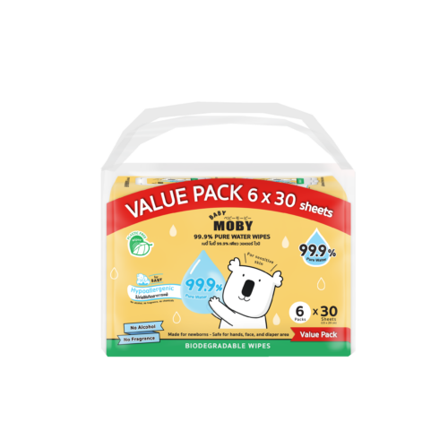 New ! 99.9% Pure water wipes 30 sheets VALUE PACK 6 x 30 Sheets  (Biodegradable Wipe)